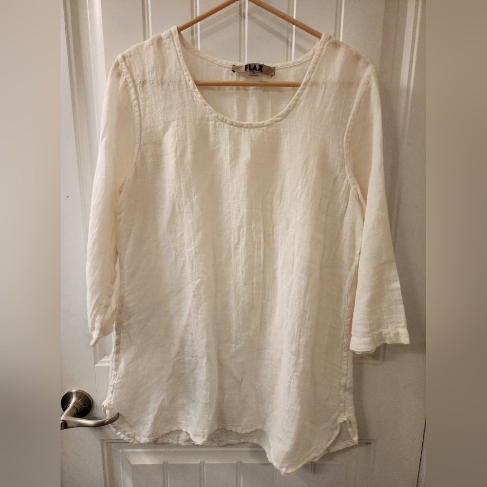 FLAX Linen Blend Top Small Cream Lagenlook 3/4 Sleeve Relaxed Fit Minimalist